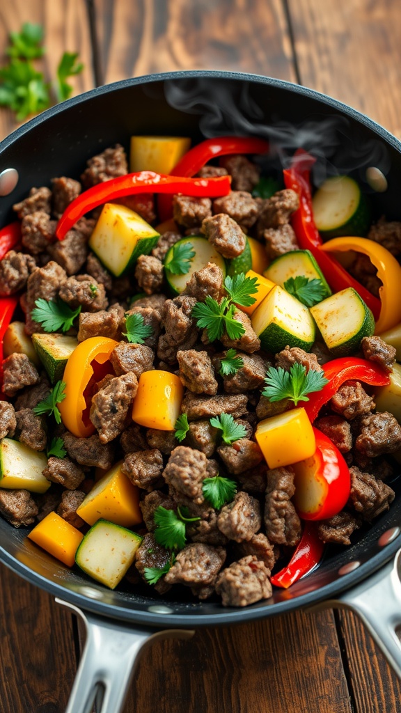 A skillet with chopped beef and zucchini, garnished with parsley, on a rustic table.